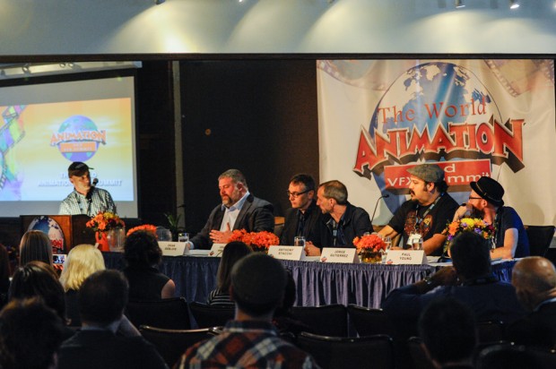 A star-studded lineup of directors spoke on the How to be a Savvy Oscar Contender panel. From left: moderator Ramin Zahed, <em>How to Train Your Dragon 2 </em>director Dean DeBlois, <em>The Boxtrolls </em>directors Graham Annable and Anthony Stacchi, <em>The Book of Life </em>director Jorge Gutierrez, and Cartoon Saloon co-founder Paul Young.