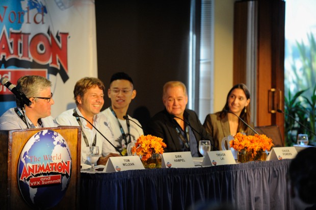 The summit spanned the world in 45 minutes with the panel Adventures in the Global Market. From left: moderator Tom McLean; Dirk Hampel, co-founder of Germany's B-Water Studios; Trevor Lai, founder, CEO and creative director of UP Studios in China; Chuck Powers, former chief creative officer Kartun Studios in Malaysia and director of <em>Ribbit!</em>; and Anja Sosic, producer for Poland-based Human Ark.