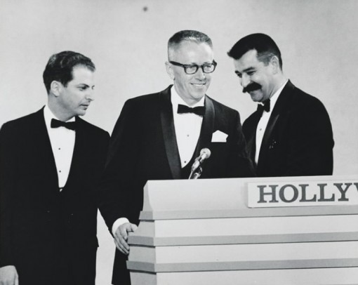 Lee Mendelson (left), Charles Schulz and Bill Melendez accept the Emmy Award in 1966 for best children's program for A Charlie Brown Christmas. (Photo courtesy of Peanuts Worldwide LLC)