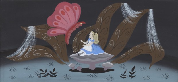 A Mary Blair concept painting from "Alice in Wonderland" 1951, tempera and watercolor on illustration board, framed.  8 x 16 1/2in within mat Est. $8,000-12,000