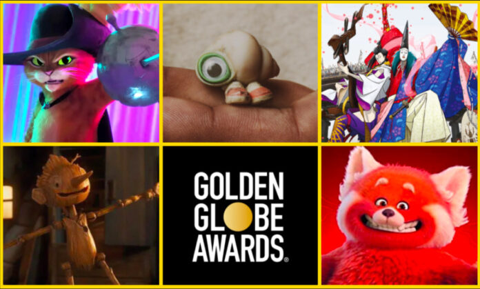 Golden Globe nominees from top left, Puss in Boots: The Last Wish, Marcel the Shell with Shoes On, Inu-Oh, Guillermo del Toro's Pinocchio and Turning Red.