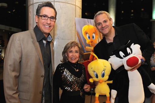 Matthew O’Callaghan (left), June Foray (center) and Warner Bros. Animation’s Sam Register (right), with Tweety Bird and Sylvester the Cat at an evening celebrating June Foray and the new Looney Tunes 3D theatrical short I Tawt I Taw a Puddy Tat, debuting in theaters on November 18, in conjunction with Warner Bros. Pictures’ release of Happy Feet Two. (Photo Credit: Mitch Haddad © Warner Bros. Entertainment Inc. All Rights Reserved)