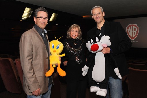 Matthew O’Callaghan (left) with Tweety Bird, June Foray (center) and Warner Bros. Animation’s Sam Register (right) with Sylvester the Cat at an evening celebrating June Foray and the new Looney Tunes 3D theatrical short I Tawt I Taw a Puddy Tat, debuting in theaters on November 18, in conjunction with Warner Bros. Pictures’ release of Happy Feet Two. (Photo Credit: Mitch Haddad © Warner Bros. Entertainment Inc. All Rights Reserved)