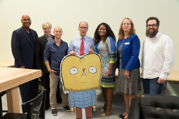 From left: Asante Bradford, Project Manager, Georgia Dept of Economic Development; Brett Coker, COO, Bento Box Entertainment; Aaron Hawkins, Animation Director (and product of the job training program), Bento Box Atlanta; Tom Perez, Secretary, U.S. Department of Labor; Mia Pressley, Project Specialist, Atlanta Regional Commission; and Mary Margaret Garrett, Workforce Solutions, Atlanta Regional Commission.