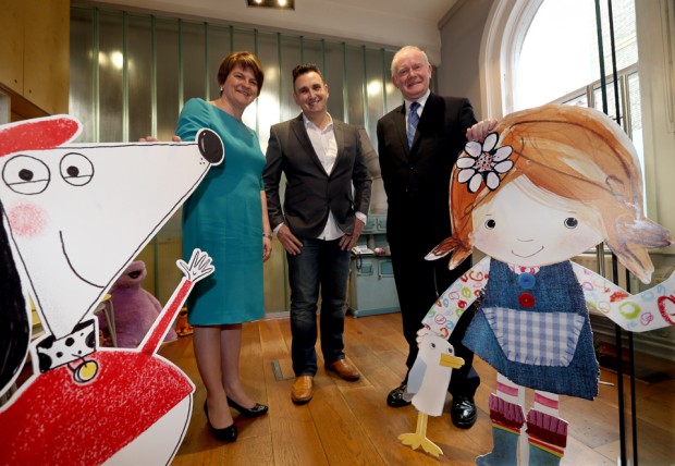 Sixteen South Office L to R First Minister Arlene Foster, Colin Williams Founder and Creative Director of Sixteen South and Martin McGuinness Deputy First Minister