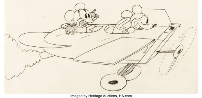 Ub Iwerks Plane Crazy Mickey Mouse and Minnie Mouse Animation Drawing