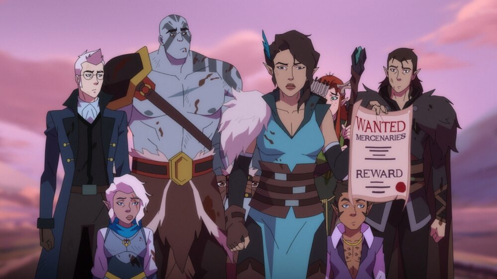 L-R: Percival de Rolo (voiced by Jaffe), Pike Trickfoot (Johnson), Grog Strongjaw (Willingham), Vex'ahlia (Bailey), Keyleth (Ray), Scanlan Shorthalt (Riegel) and Vax'ildan (O'Brien).