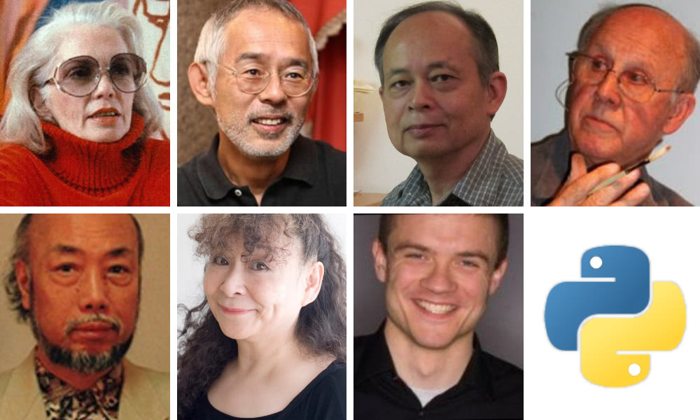 Top, L-R: Lillian Schwartz, Toshio Suzuki, Ruben Aquino. Bottom, L-R: Renzo Kinoshita, Sayoko Kinoshita, Evan Vernon, Python Foundation logo