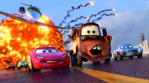 "CARS 2" (L-R) Grem (voice by Joe Mantegna), Acer (voice by Peter Jacobson), Siddeley (voice by Jason Isaacs), Lightning McQueen (voice by Owen Wilson), Mater (voice by Larry the Cable Guy), Finn McMissile (voice by Michael Caine). ©Disney/Pixar. All Rights Reserved.