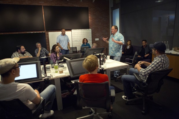 Director John Lasseter works with members of his story team on Disney-Pixar's "Toy Story 4," a new chapter in the lives of Woody, Buzz Lightyear and the "Toy Story" gang. The film is slated for release on June 16, 2017. (Photo by Deborah Coleman / Pixar)