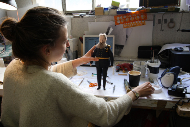 Emma de Swaef working on the King puppet for This Magnificent Cake!