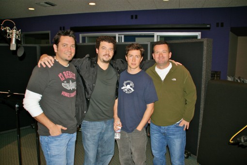 (The producers/cast of MTV's <em>Good Vibes</em>, pictured from left to right)<br> Brad Ableson - Supervising Director/Exec Producer, Danny McBride - voice of Miss Teets, David Gordon Green - Creator/Exec Producer, and Mike Clements - Exec Producer