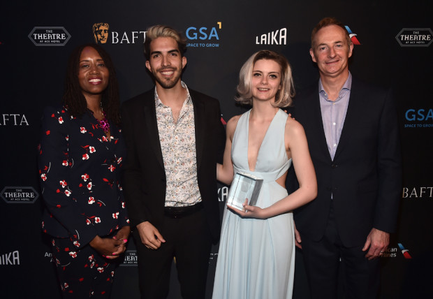 BAFTA LA Deputy Chair Kathryn Busby; Esteban Bravo & Beth David, winners of the BAFTA Student Award for Animation presented by LAIKA; BAFTA LA Board Chairman Kieran Breen; and James Granger, CEO of EMEA-GSA. [Photo: Alberto E. Rodriguez/Getty Images for BAFTA LA] 